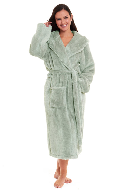 Stylish presentation of the Women's Sage Green Hooded Snuggle Fleece Robe, designed to offer sophisticated comfort and a chic look, perfect for relaxing after a shower or on a cozy night in.