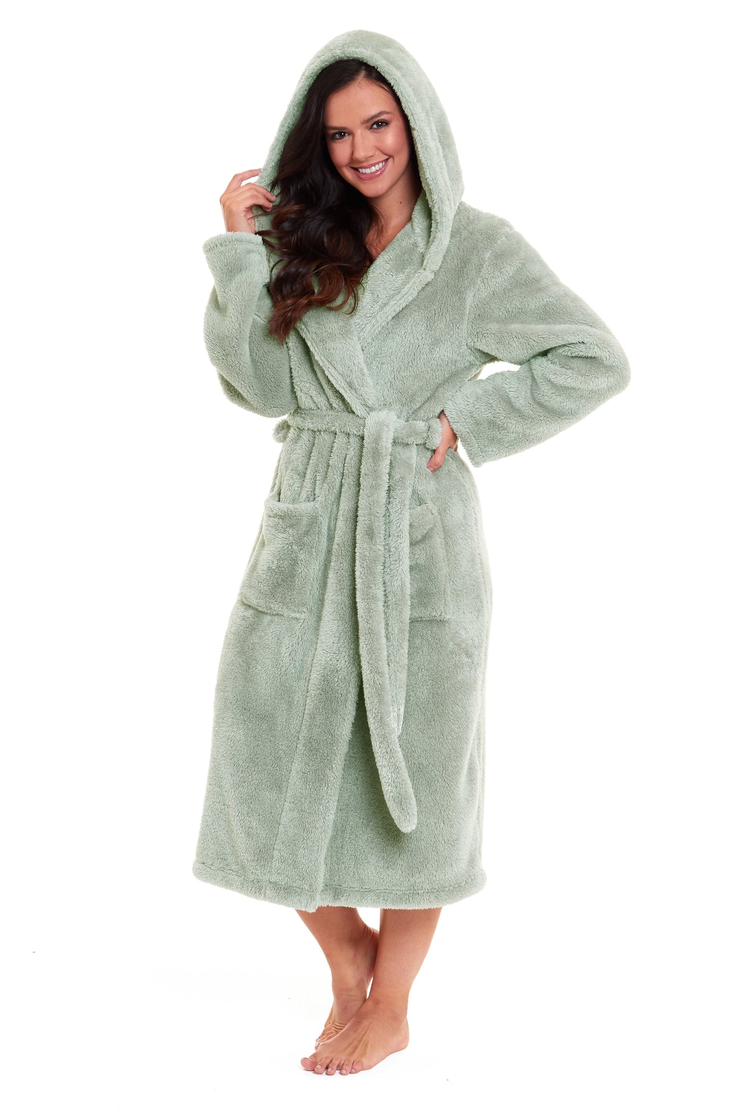 Women's Sage Green Hooded Snuggle Fleece Robe, showcasing its luxurious super-soft fleece material and elegant design, ideal for cozy lounging at home.