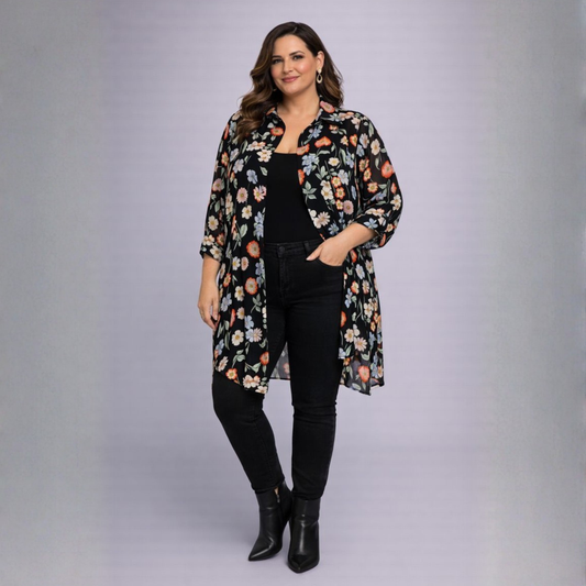 Black Blue Floral Long Shirt Blouse