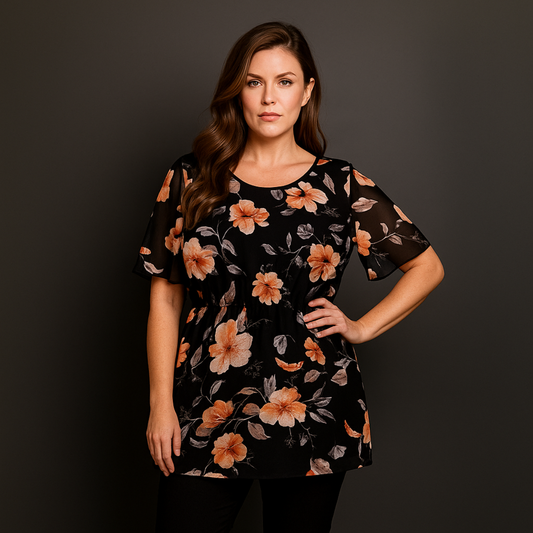 Black Peach Chiffon Elasticated Waist Lined Blouse