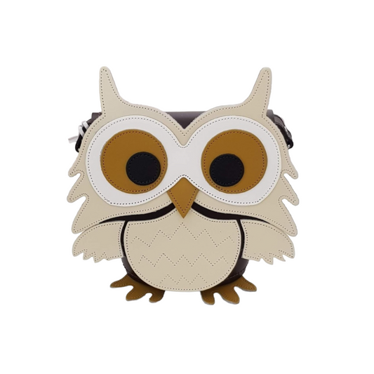 Screech Owl Handmade Leather Barrel Bag by Zatchels, showcasing exquisite English craftsmanship, featuring a charming owl design with hand-stitched details and adjustable strap.