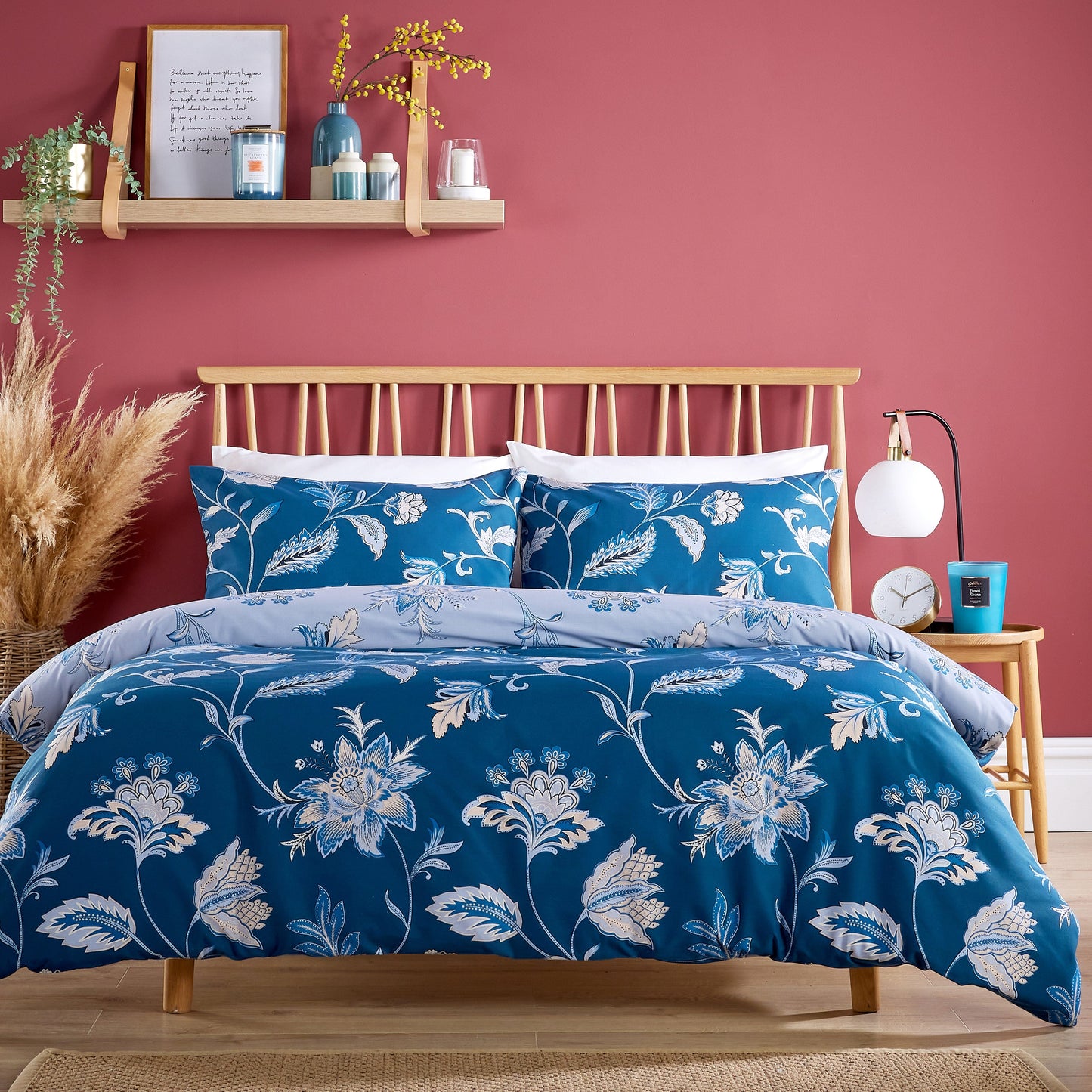 Lavishly styled Shimla Duvet Cover Set laid across a king-size bed, illustrating the elegant reversible patterns and sumptuous comfort it offers for restful nights.