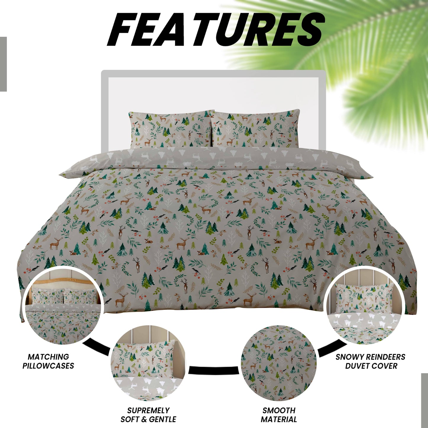 Beautifully arranged Luxury Snowy Reindeers Reversible Duvet Cover Set on a stylish bed, illustrating its chic and sophisticated aesthetic.