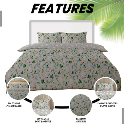 Beautifully arranged Luxury Snowy Reindeers Reversible Duvet Cover Set on a stylish bed, illustrating its chic and sophisticated aesthetic.
