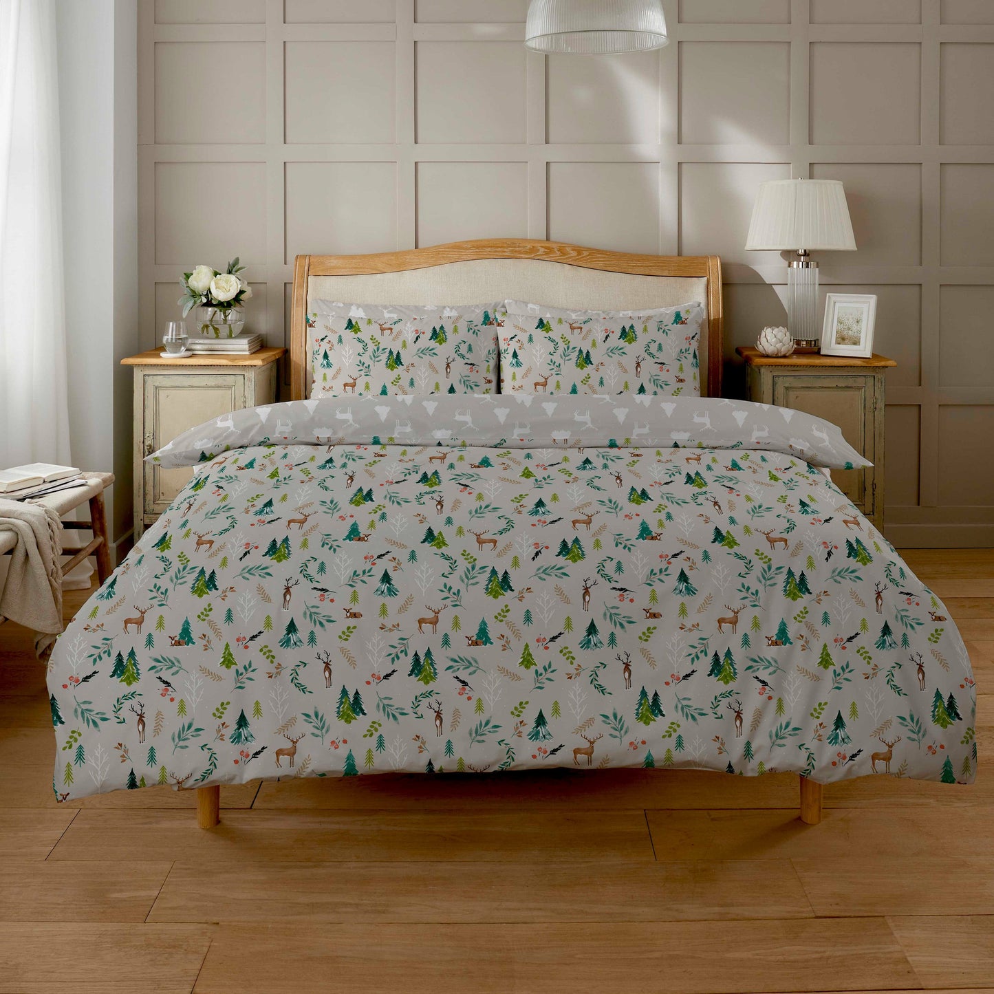 Luxury Snowy Reindeers Reversible Duvet Cover Set showcasing a vibrant multi-coloured design, perfect for enhancing bedroom elegance.