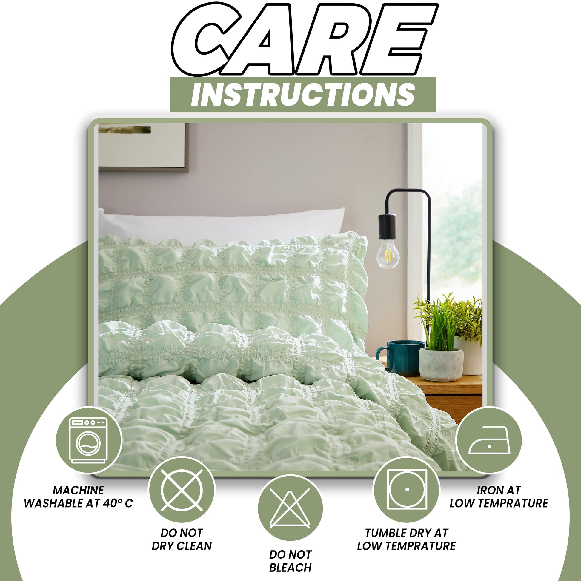 Inviting bedroom scene with Soho Sage Green duvet set, illustrating its calming aesthetic and suitability for a variety of modern interior styles.