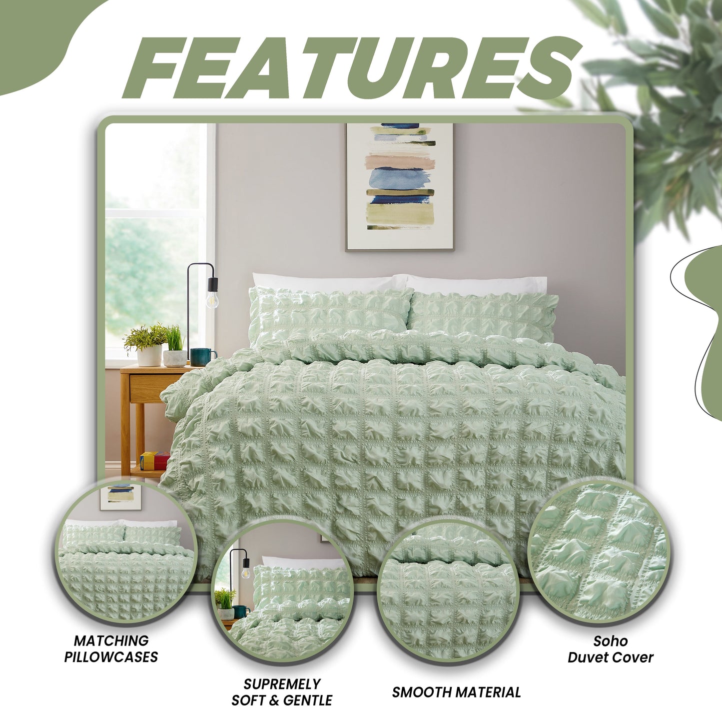 Contemporary sage green Microfibre duvet cover set, embodying modern style and comfort, suitable for Single, Double, King, and Super King beds.