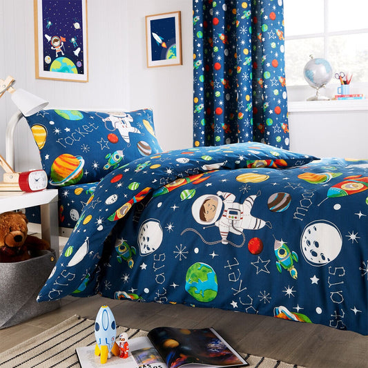 Luxurious Space Explorer Kids Duvet Cover Set by OLIVIA ROCCO showcasing vibrant space-themed design, perfect for stylish children's bedrooms.