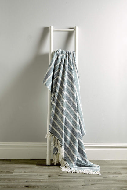 Close-up view of the eco-friendly Zara Pure Cotton Throw by OLIVIA ROCCO, featuring sumptuous texture and stylish tassels, highlighting its eco-conscious design and artisan quality.