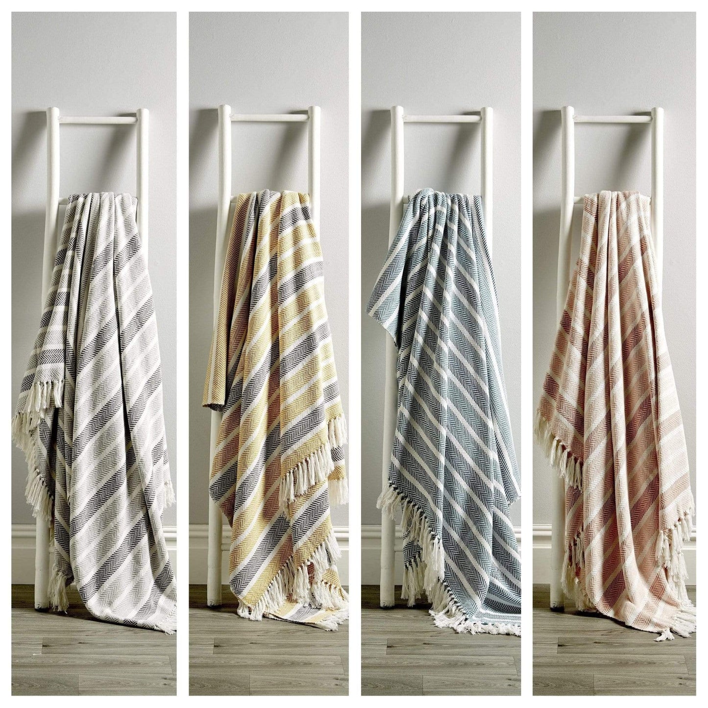 Luxurious Zara Handwoven Eco-Friendly Pure Cotton Throw Blanket in calming shades, showcasing stylish tassels and intricate craftsmanship, perfect for enhancing any home's aesthetic.