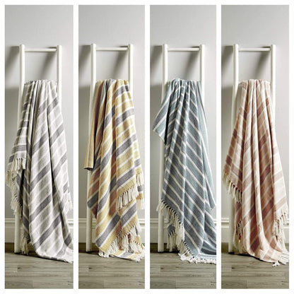 Luxurious Zara Handwoven Eco-Friendly Pure Cotton Throw Blanket in calming shades, showcasing stylish tassels and intricate craftsmanship, perfect for enhancing any home's aesthetic.