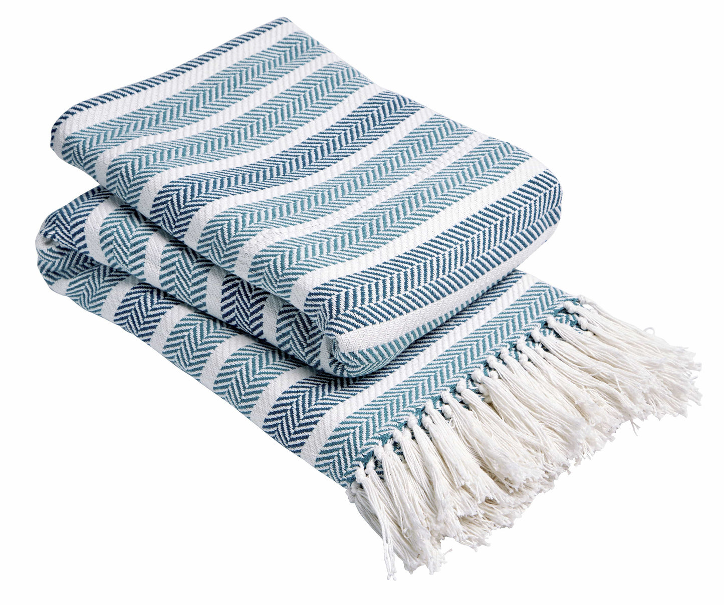 Different sizes of the Zara handwoven pure cotton throw blanket in soothing colours, demonstrating versatility for both decorative and practical purposes.