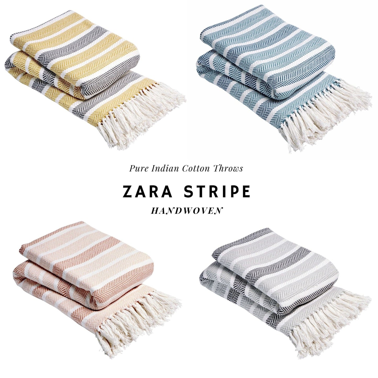 Elegant handwoven Zara Pure Cotton Throw Blanket featuring chic tassels, available in multiple sizes for versatile home décor and comfort, ideal for sofa or bed use.