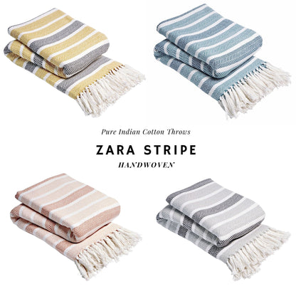 Elegant handwoven Zara Pure Cotton Throw Blanket featuring chic tassels, available in multiple sizes for versatile home décor and comfort, ideal for sofa or bed use.
