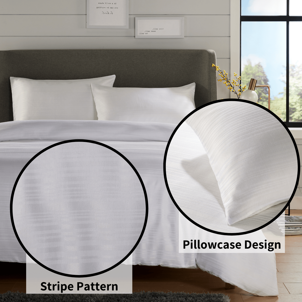 Close-up of the exquisite stripe jacquard texture on OLIVIA ROCCO's reversible duvet cover set, highlighting its luxury and premium quality fabric.