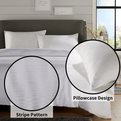 Close-up of the exquisite stripe jacquard texture on OLIVIA ROCCO's reversible duvet cover set, highlighting its luxury and premium quality fabric.