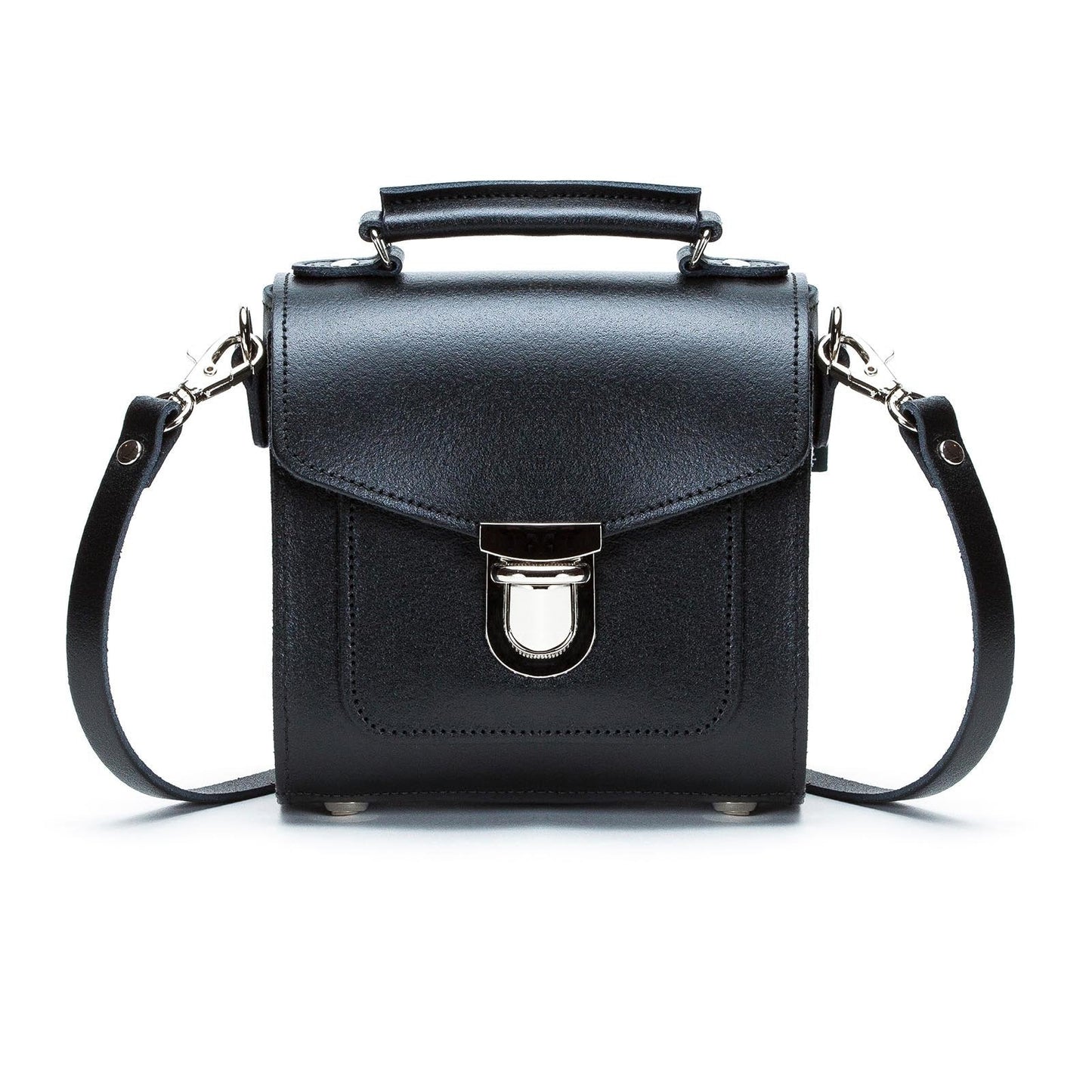 Handmade Black Leather Sugarcube Handbag featuring adjustable strap and chic push lock closure, perfect for luxury style.