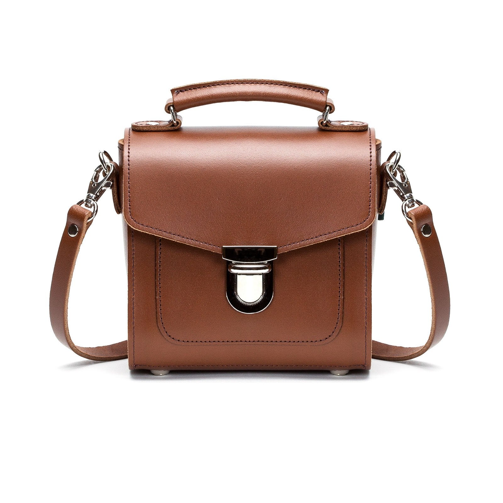 Luxury Handmade Chestnut Leather Sugarcube Handbag by Zatchels showcasing its exquisite craftsmanship and elegant design.