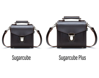 Dark Brown Handmade Sugarcube Handbag featuring a secure push lock closure, perfect for both casual and sophisticated occasions.