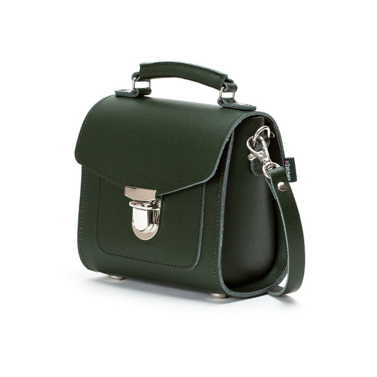 Elegant Ivy Green Sugarcube Handbag by Zatchels featuring a secure push lock closure and premium leather craftsmanship, ideal for any occasion.