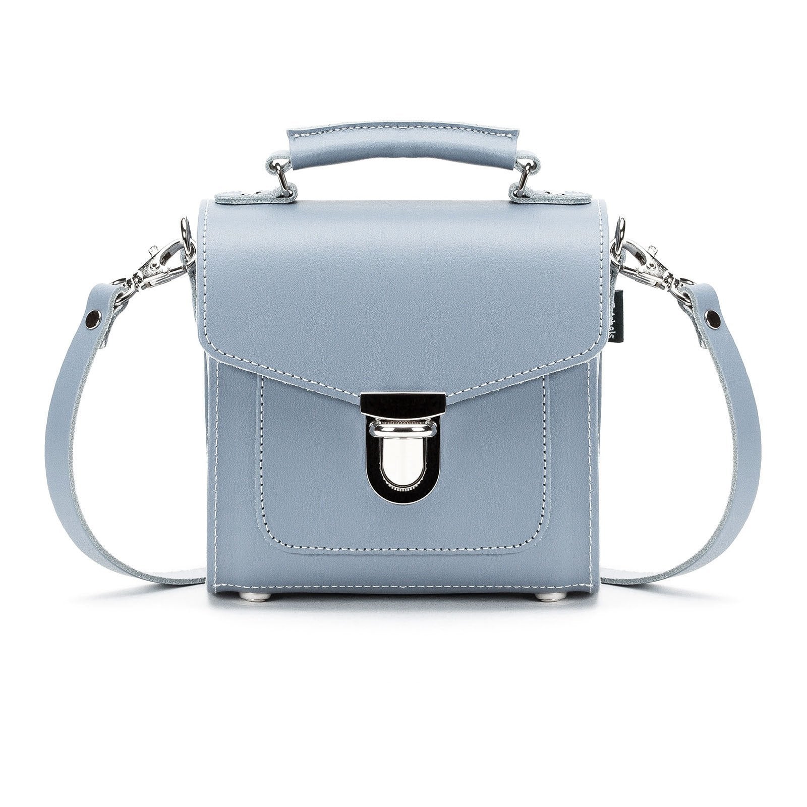 Elegant Handmade Leather Sugarcube Handbag in Lilac Grey with adjustable strap for versatile styling.
