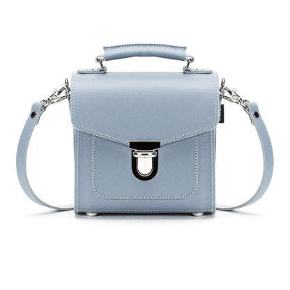 Elegant Handmade Leather Sugarcube Handbag in Lilac Grey with adjustable strap for versatile styling.