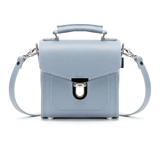 Elegant Handmade Leather Sugarcube Handbag in Lilac Grey with adjustable strap for versatile styling.