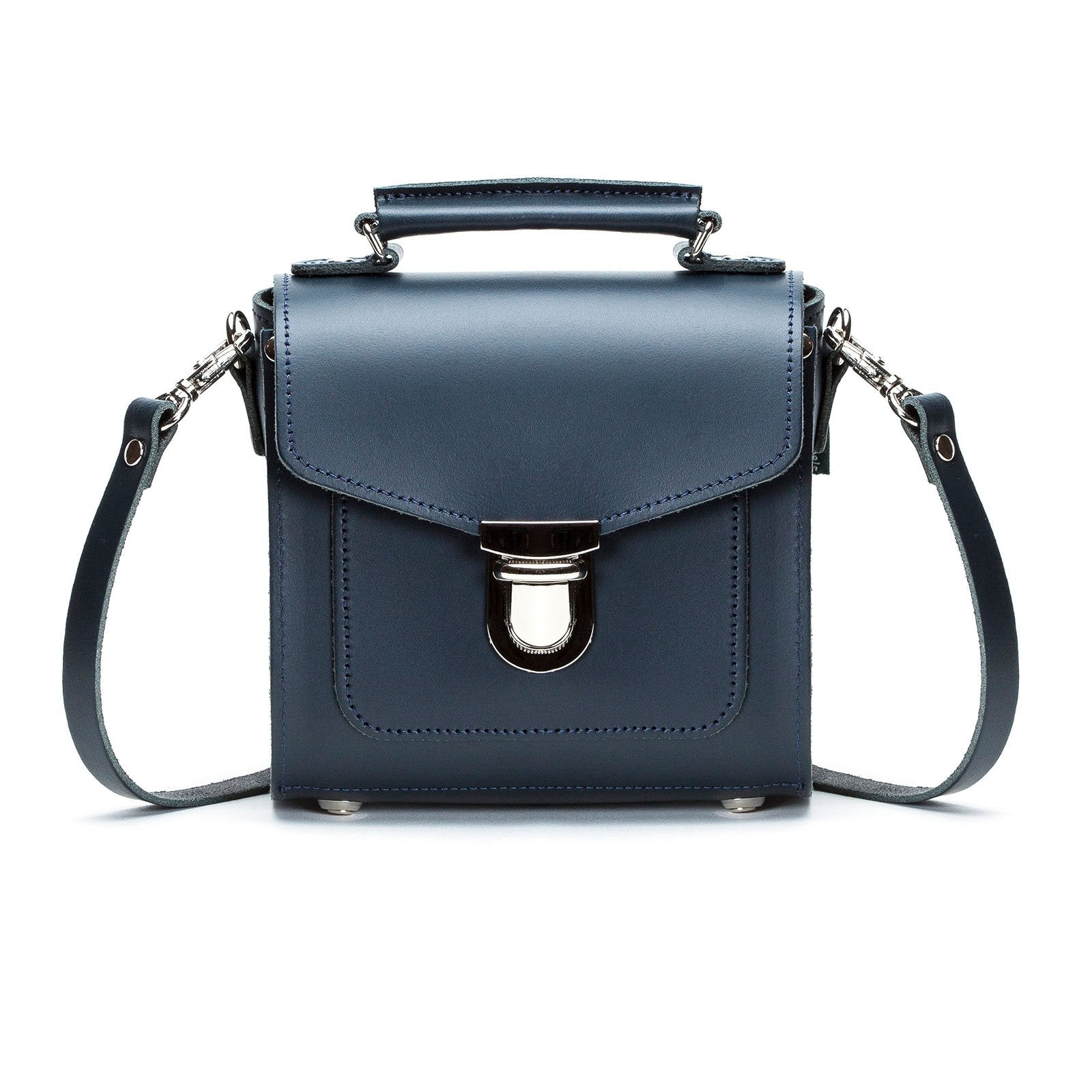 Handmade Navy Leather Sugarcube Handbag showcasing its elegant design and premium craftsmanship, featuring a secure push-lock closure and adjustable detachable strap, perfect for versatile styling.
