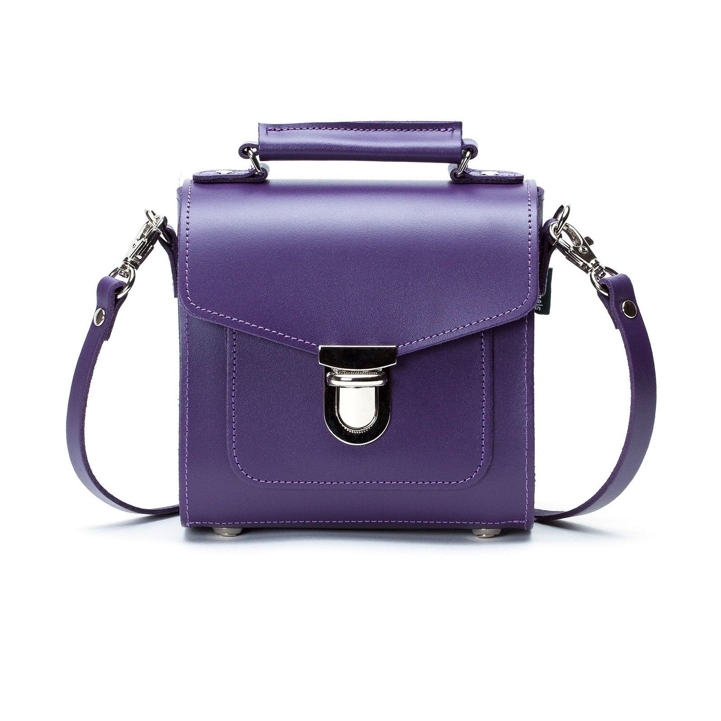 Exquisite Purple Handmade Leather Sugarcube Handbag by Zatchels, showcasing its luxurious design, adjustable strap, and elegant silhouette.