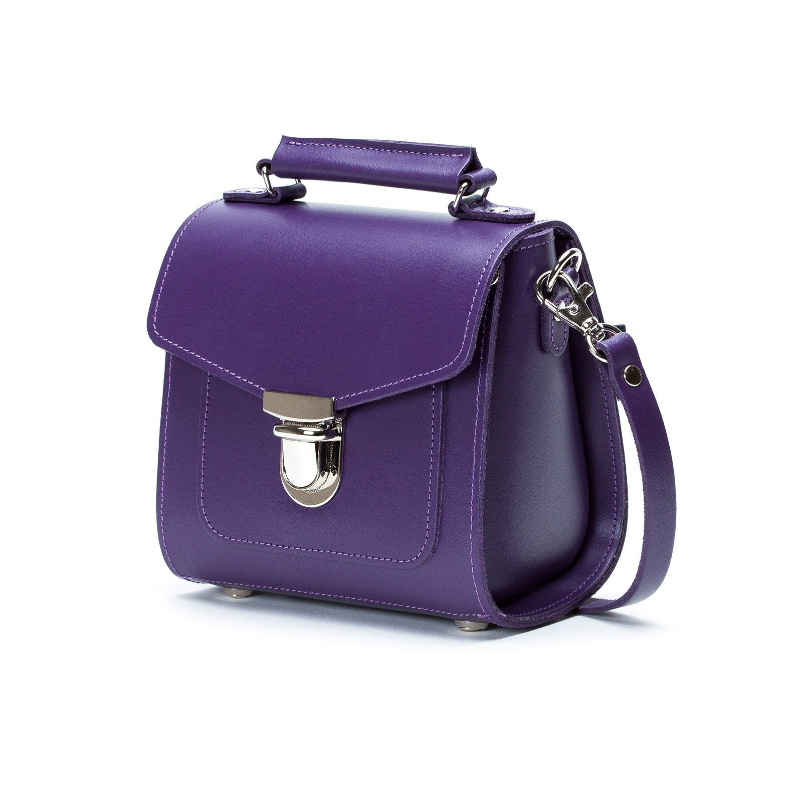 Versatile Purple Handmade Leather Sugarcube Handbag, featuring a chic clutch style and secure push lock closure, perfect for any occasion.