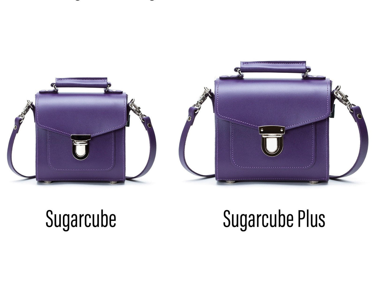 Adjustable Strap of the Purple Handmade Leather Sugarcube Handbag, highlighting versatility in carrying options for a sophisticated look.