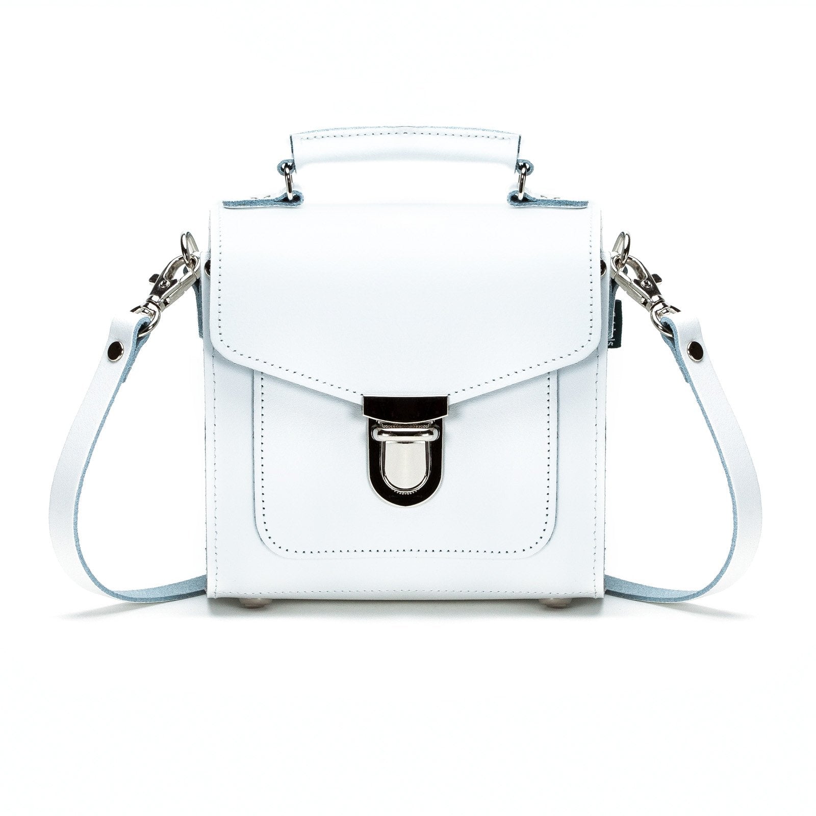 Elegant Handmade White Leather Sugarcube Handbag with adjustable strap, showcased in stunning white colour, perfect for luxury fashion lovers.