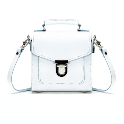 Elegant Handmade White Leather Sugarcube Handbag with adjustable strap, showcased in stunning white colour, perfect for luxury fashion lovers.