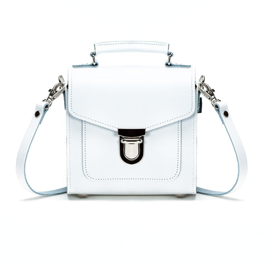 Elegant Handmade White Leather Sugarcube Handbag with adjustable strap, showcased in stunning white colour, perfect for luxury fashion lovers.