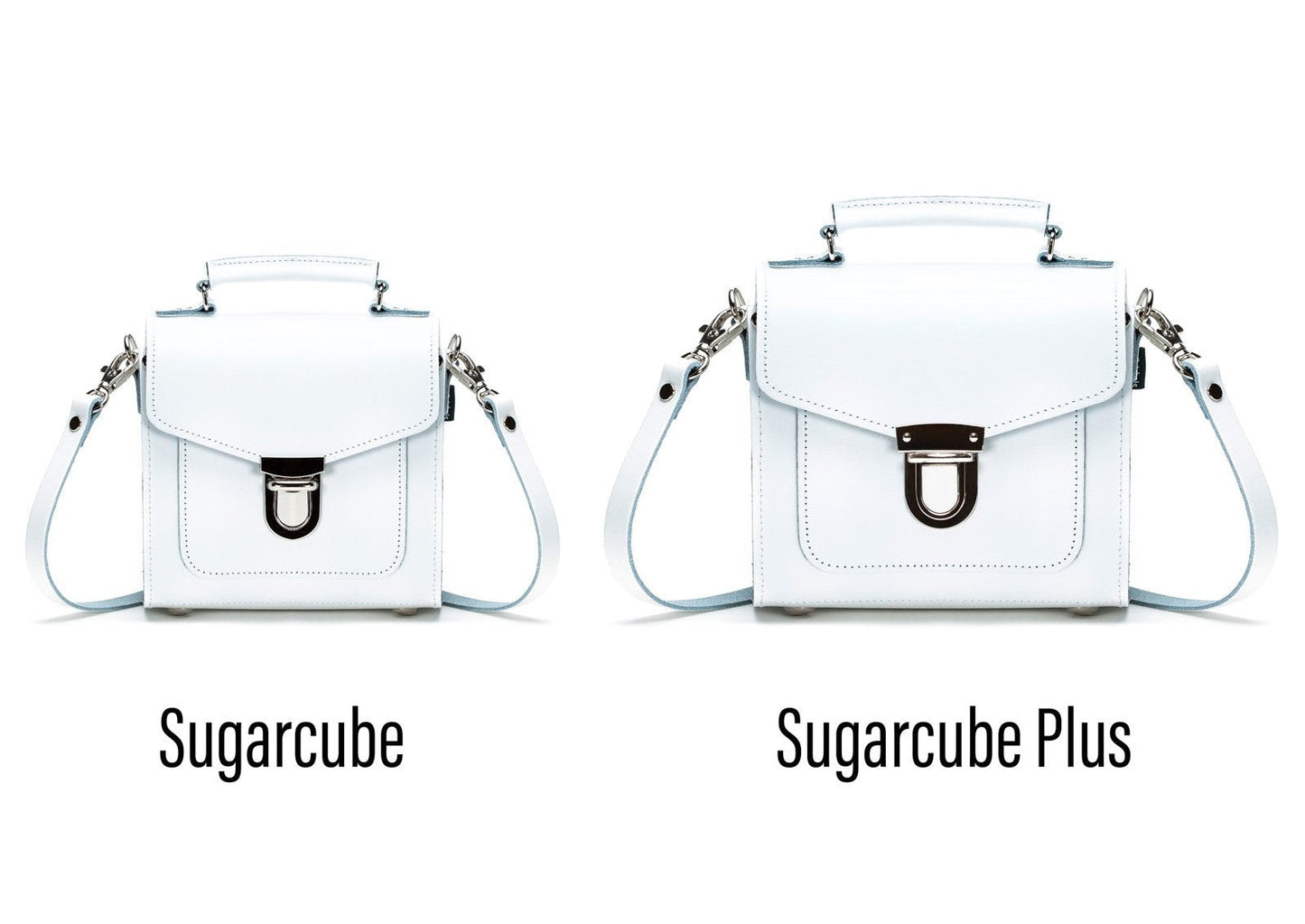 Versatile Handmade White Leather Sugarcube Handbag with adjustable and detachable strap, designed for luxury and practicality in a contemporary sugarcube shape.