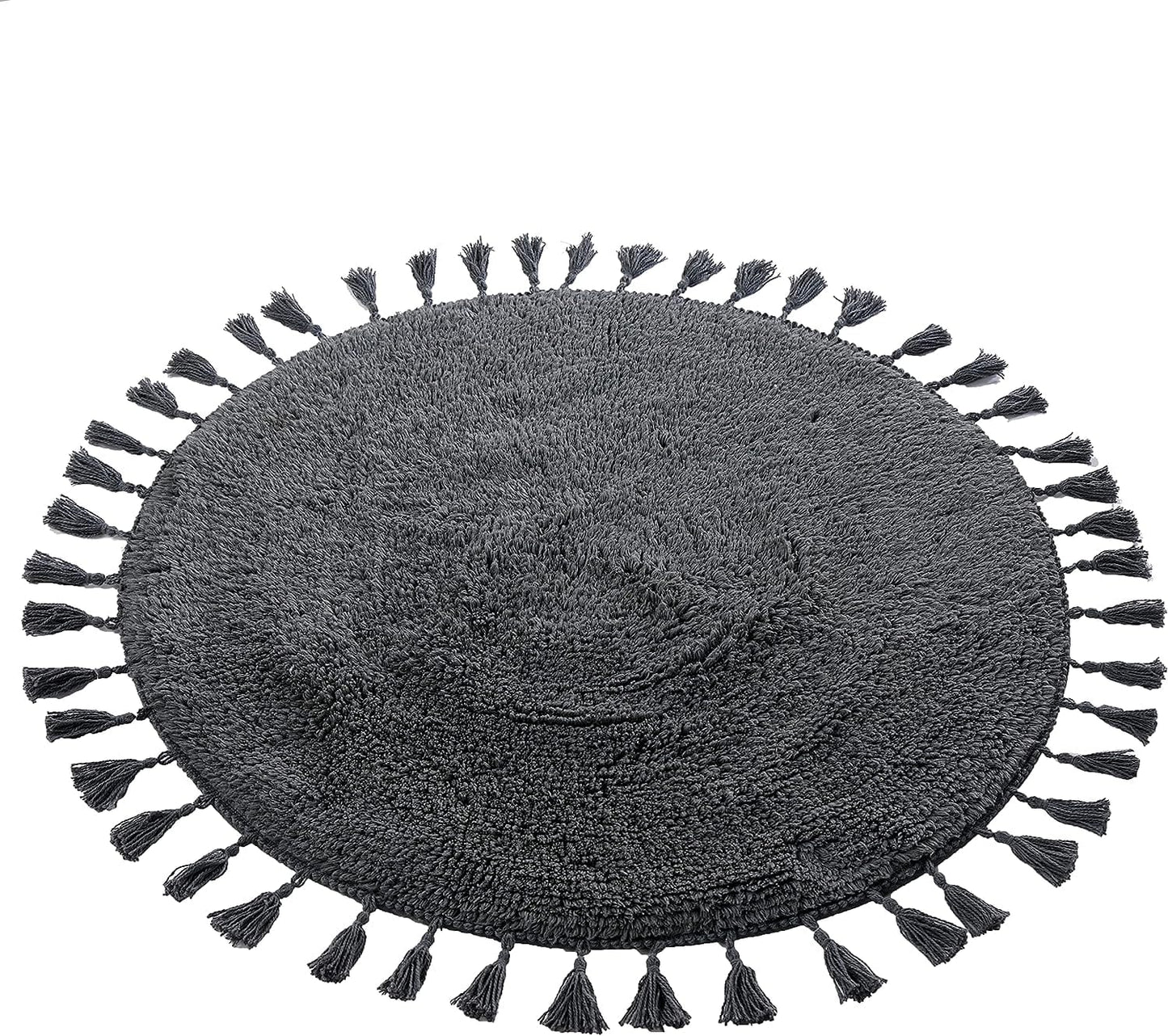 Tasselled edges of the OLIVIA ROCCO Round Bath Mat, emphasizing its sophisticated design and luxurious style, perfect for enhancing bathroom aesthetics.