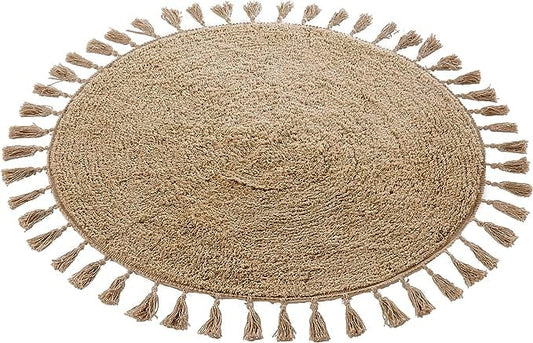 Luxurious round bath mat in Duck Egg Grey with stylish tassels, crafted from soft 100% cotton for ultimate comfort and elegance.