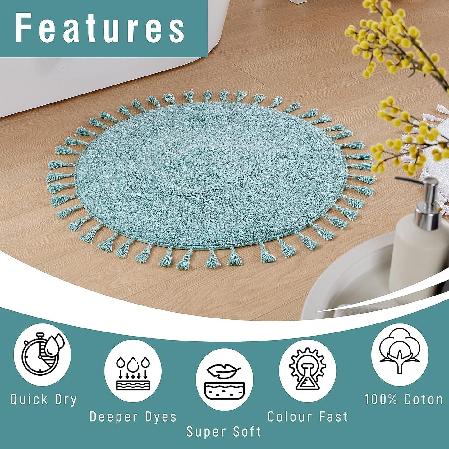 Versatile round bath mat in Natural White, ideal for various home settings, reflecting luxurious comfort and stylish design.