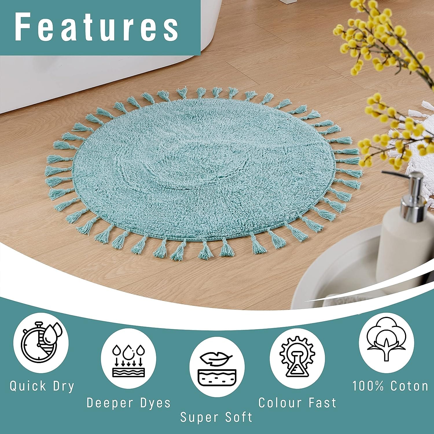Versatile round bath mat in Natural White, ideal for various home settings, reflecting luxurious comfort and stylish design.
