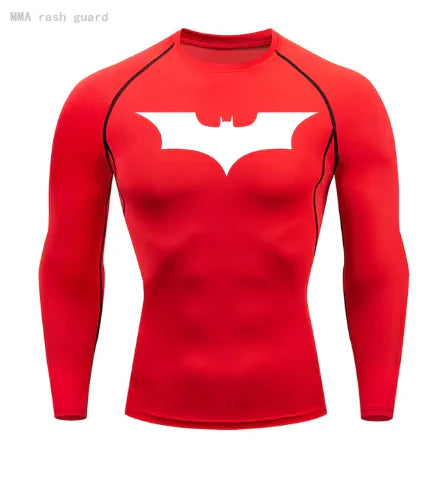 Men's long sleeve compression shirt in bold red featuring a prominent white bat logo, expertly crafted for luxury comfort and UV protection.