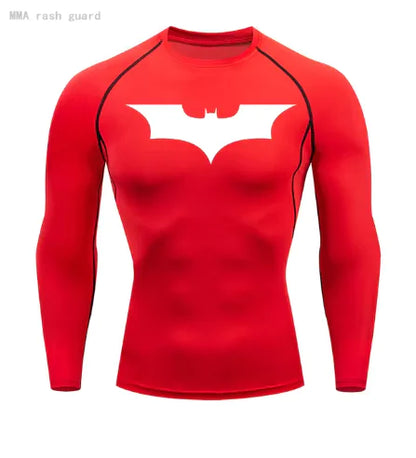 Men's long sleeve compression shirt in striking red displaying Batman logo, designed for stylish sun protection and superior fit.