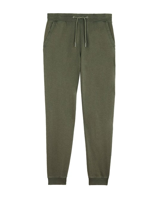 Elegant organic vintage jogger pants displayed on a minimalist backdrop, showcasing their unique aged finish and unisex design, available in sizes XXS to 3XL.