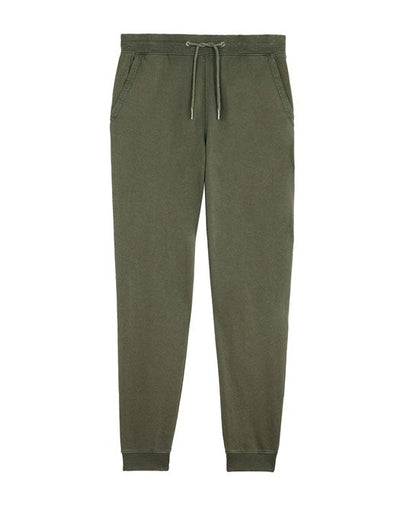 Elegant organic vintage jogger pants displayed on a minimalist backdrop, showcasing their unique aged finish and unisex design, available in sizes XXS to 3XL.