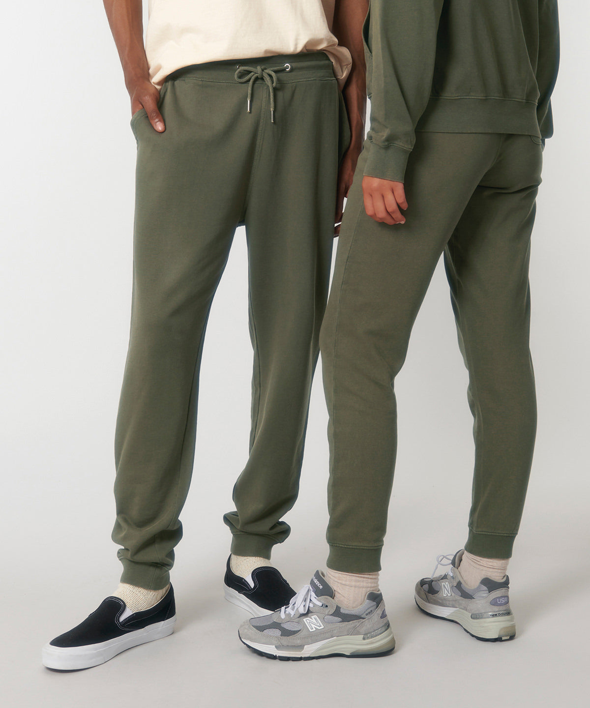 Detailed view of the jogger pants’ garment-dyed finish, exhibiting the subtle vintage aesthetic with unique toning on fabric seams.