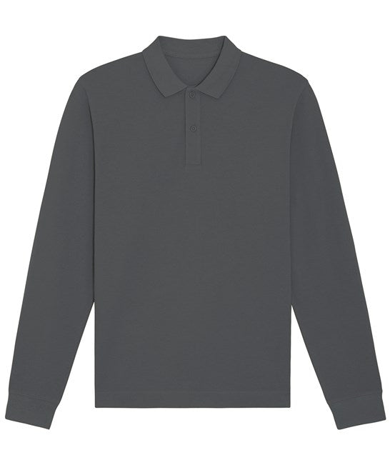 Elegant unisex organic cotton long sleeve polo shirt, featuring a comfortable boxy fit and made from 100% organic fabric for a sustainable fashion choice.