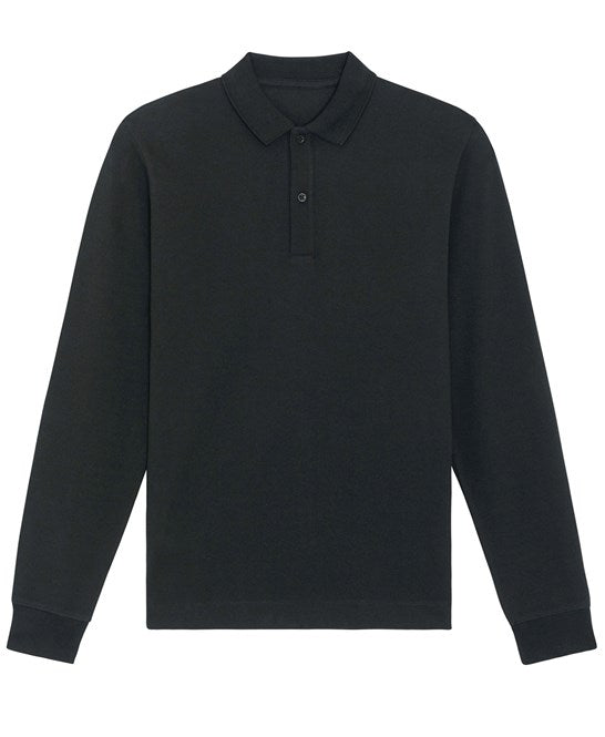 Luxury organic cotton long sleeve polo shirt in a boxy fit, perfect for unisex wear, showcasing refined detailing and available in sizes XS to 3XL.