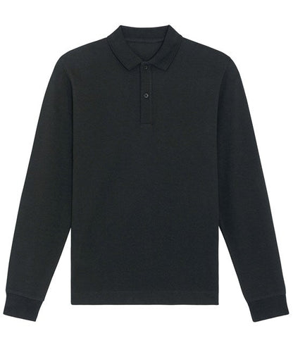 Luxury organic cotton long sleeve polo shirt in a boxy fit, perfect for unisex wear, showcasing refined detailing and available in sizes XS to 3XL.
