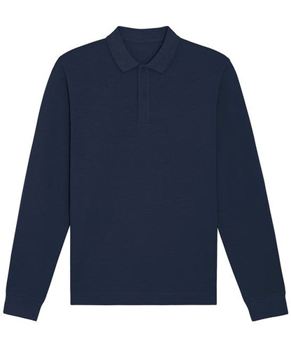 Unisex Organic Cotton Long Sleeve Polo Shirt, elegantly tailored for a chic and relaxed look in everyday wear.