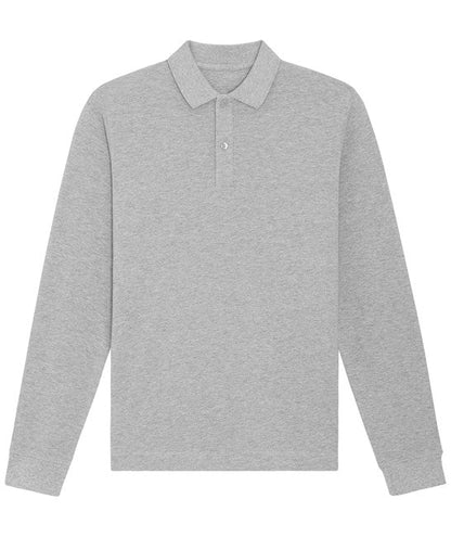 Size guide for the unisex organic cotton long sleeve polo shirt, with measurements from XS to 3XL for the perfect fit.