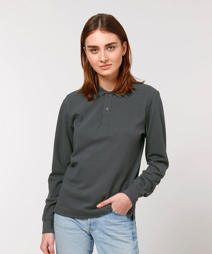 Close-up of organic cotton long sleeve polo shirt, showcasing refined detailing and soft texture, ideal for a stylish yet relaxed look.